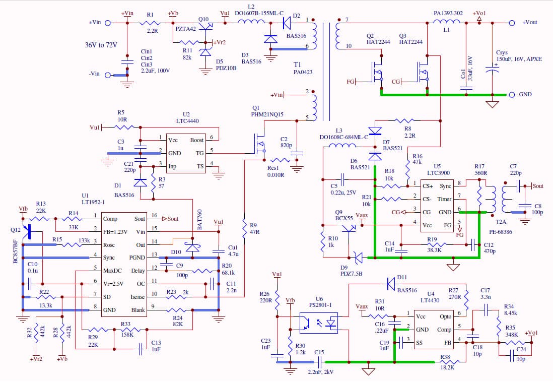 LT1952EGN-1, LTC3900CS8, LT4430ES6 Demo Board, Vin=36V-75V, Vout=12V @ 12A