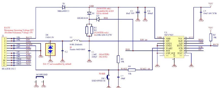 NCV7425 LIN Transceiver with 3.3V Voltage Regulator and Reset Pin Evaluation Board