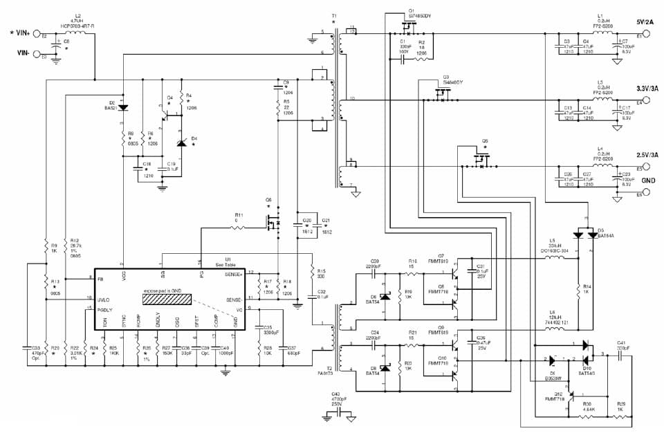 LT3825EFE Triple Output Demo Board, 36V < Vin < 72V, Vout: 5V/2A, 3.3V/3A, 2.5V/3A