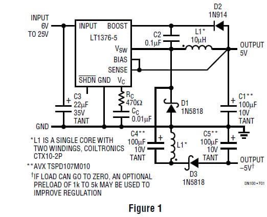 LT1376-5, Dual Output Regulator Uses Only One Inductor