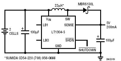 LT1304-5, 2-Cell to 5V/200mA Boost Converter Requires Only Four External Parts