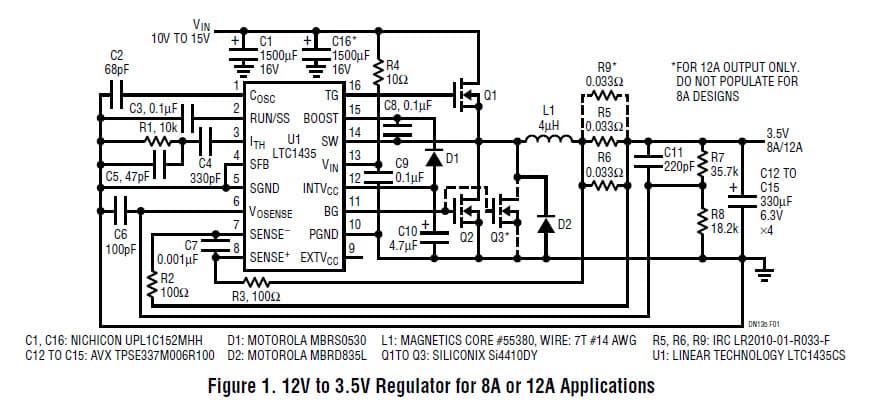 LTC1435, 12V to 3.5V Regulator for 8A or 12A Applications