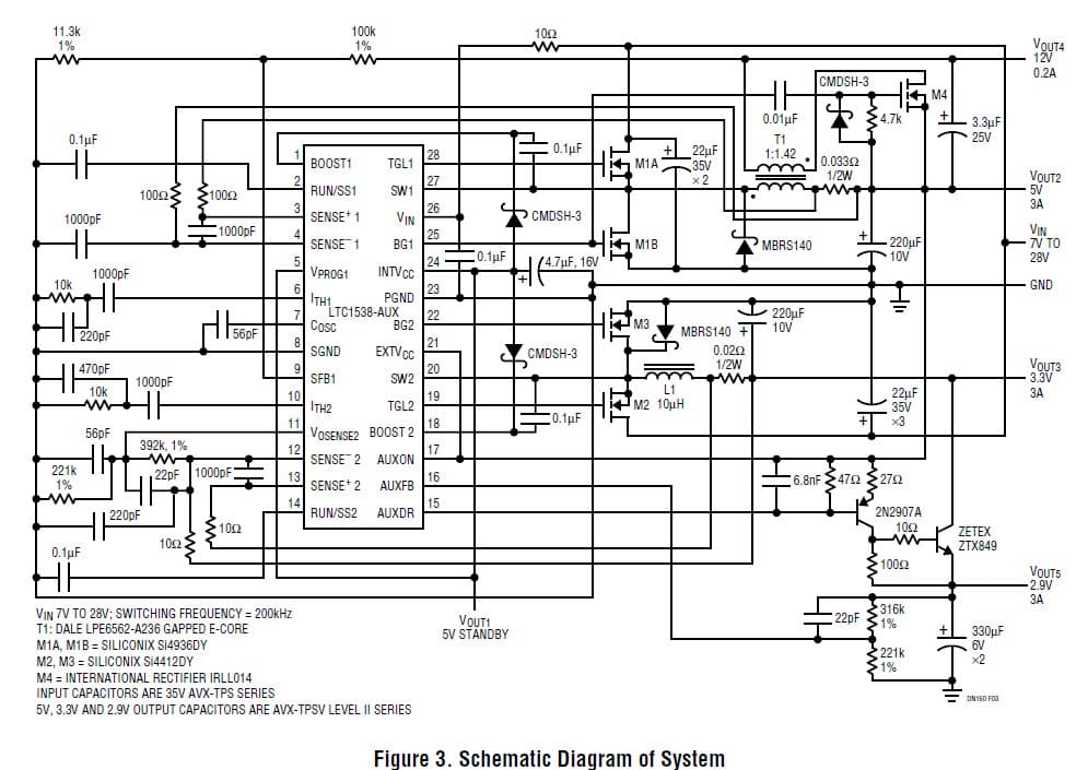 LTC1538-AUX, Single IC, Five Output Switching Power Supply System for Portable Electronics