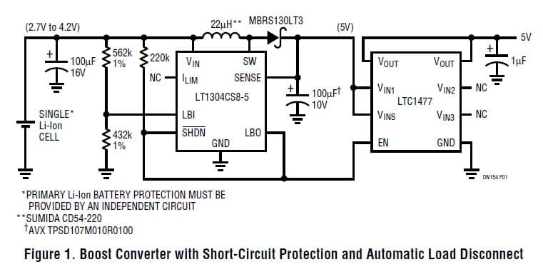 LT1304CS8-5, Boost Converter with Short-Circuit Protection and Automatic Load Disconnect