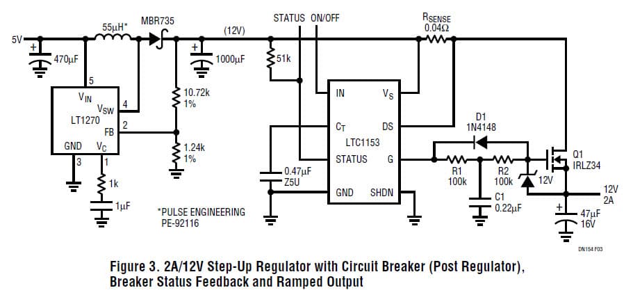 LTC1153, 2A/12V Step-Up Regulator with Circuit Breaker