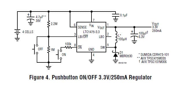 LTC1475-3.3, Push-Button ON/OFF 3.3V/250mA Regulator