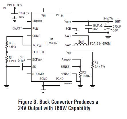 LTM4607, Buck Converter Produces a 24V Output with 168W Capability