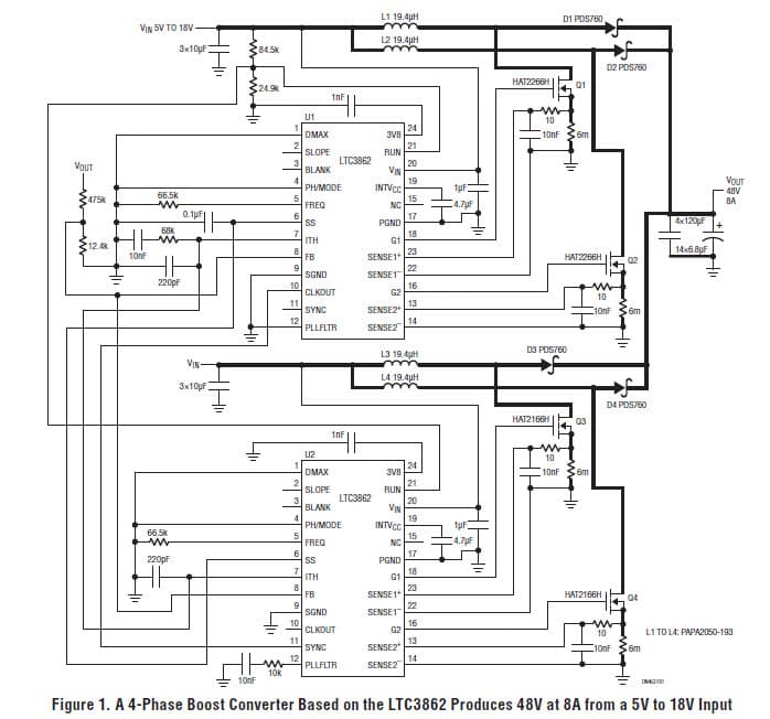 4-Phase Boost Converter Based on the LTC3862 Produces 48V at 8A from a 5V to 18V Input