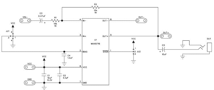 MAX9716EVKIT, Evaluation Kit for MAX9716 1.4W, 1-Channel, Class-AB Audio Power Amplifier for Cellular Phone