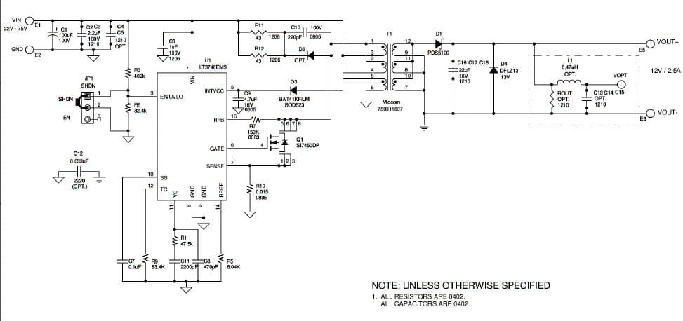 LT3748EMS Demo Board, 22V VIN 75V, VOUT = 12V @ 2.5A Low Voltage