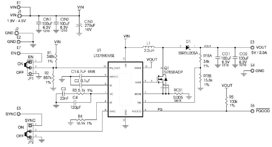 LT3759EMSE Boost Demo Board, VIN = 1.8V to 4.5V, V OUT = 5V @ 2A