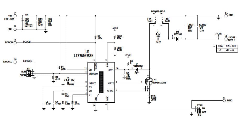 DC1787A, Demo Board based on LT3759EMSE SEPIC, VIN = 2.8V to 36V, V OUT = 12V @1A