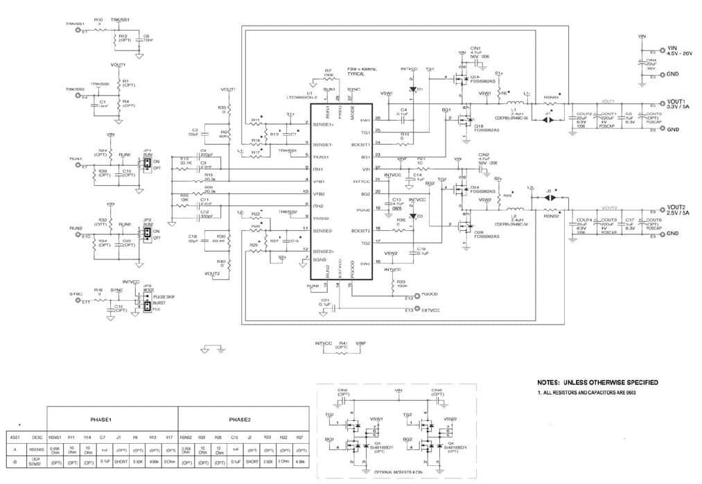 LTC3869IGN-2 Demo Board, VIN = 4.5V to 26V, VOUT1= 3.3V @ 5A, VOUT2 = 2.5V @ 5A, with RSENSE