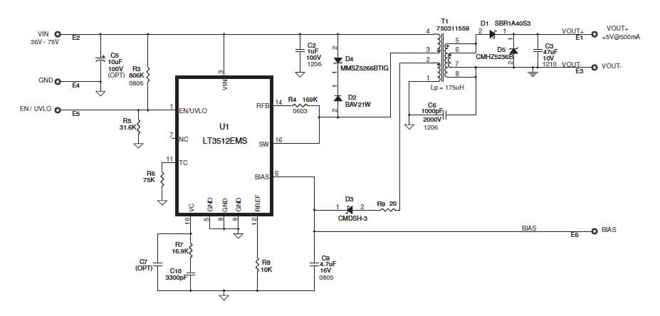 LT3512EMS Demo Board, Monolithic High Voltage Isolated Flyback Converter 36V VIN 75V, VOUT = 5V @ 500mA