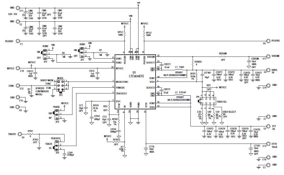 LT3634 Demo Board, VIN= 3.6V to 15V, V OUT1 =1.5V@ 3A, V OUT2 =1.8V @ 3A, V OUT3 =2.5V @ 3A