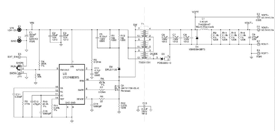 LT3748EMS Isolated Demo Board, 10V Vin 15V, Vout = 52.5V @ 0.7A