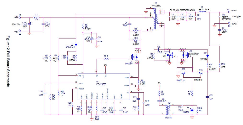 LT3825EFE Demo Board, Synchronous flyback converter 36V < VIN < 72V, VOUT = 5V @ 8A