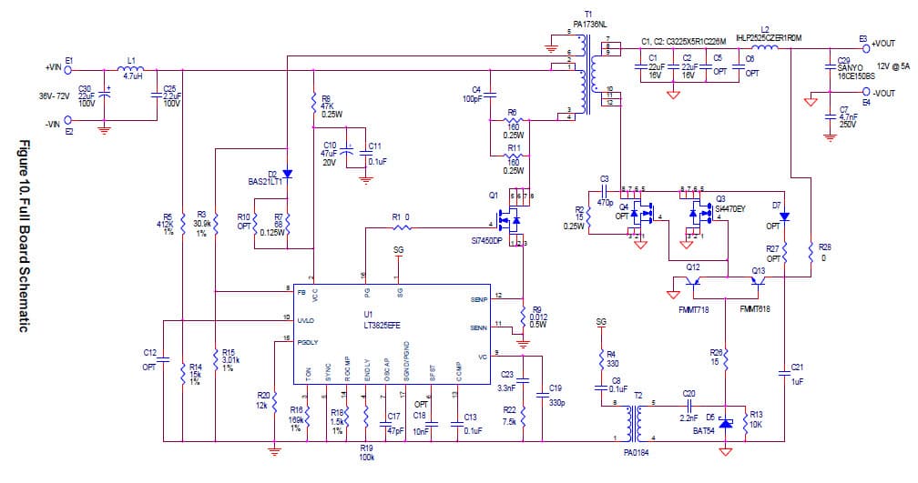 LT3825EFE Demo Board, Synchronous Flyback Converter with 36V < VIN < 72V, VOUT = 12V @ 5A