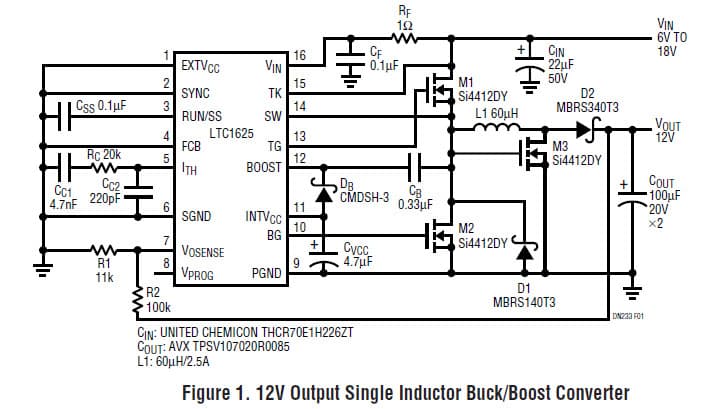 LTC1625, 12V Output Single Inductor Buck/Boost Converter