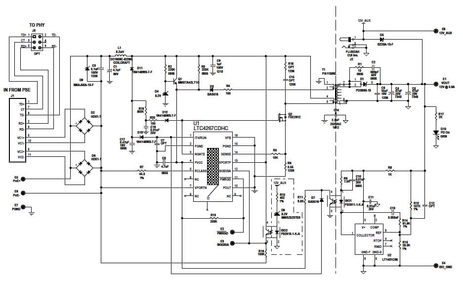 LTC4267CDHC Demo Board, PoE Powered Device w/12V Isolated Auxiliary, Vout = 12V @ 0.9A