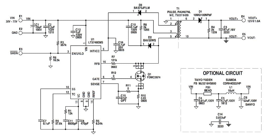 LT3748 Demo Board, 30V to 75V input to an Isolated 12V at 1A