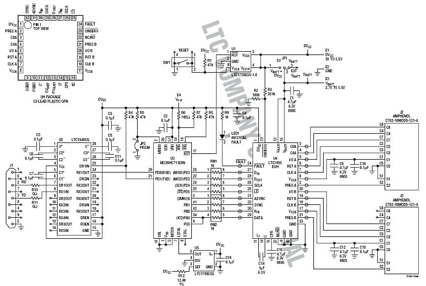 DC465A, Demo Board Using the LTC1955EUH Dual Smart Card Interface @ DVCC = 3V to 5.5V, VBATT = 2.7V to 5.5V