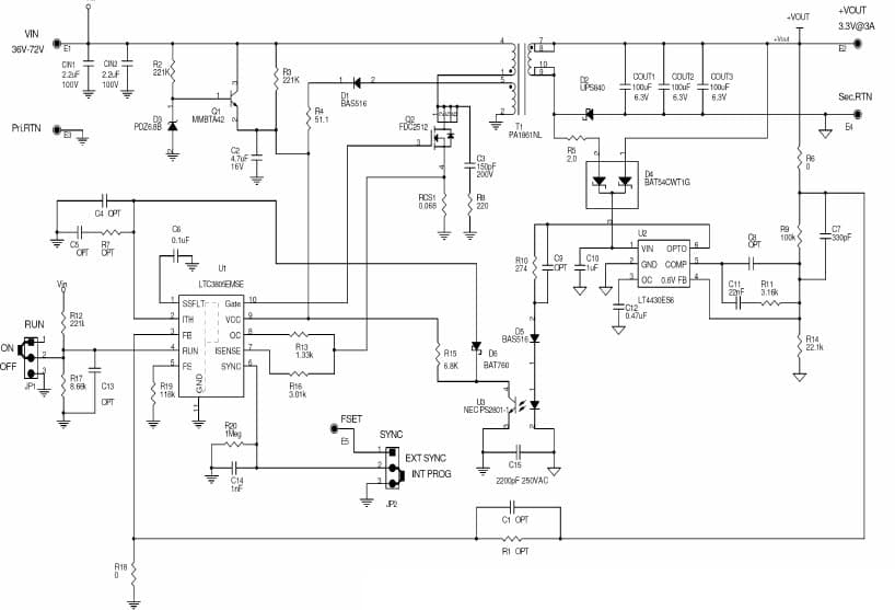 LTC3805EMSE Isolated Demo Board, 36V Vin 72V, Vout: 3.3V/3A