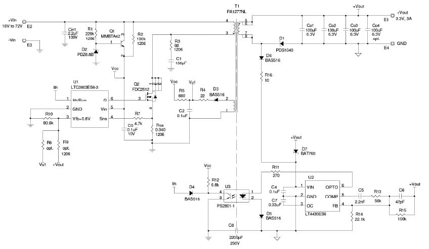 LTC3803ES6-3 Isolated Demo Board, Vin= 18V to 72V, Vout= 3.3V/3A