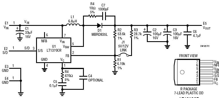 LT1370 Demo Board, 6A Switch 2.7V to 12V Input 5V or 12V Output