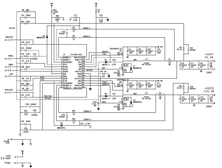 LTC1438CG Demo Board, Dual Synchronous Buck Regulator, Input: 5.5V to 28V, Outputs: 5V and 3.3V @ 8A