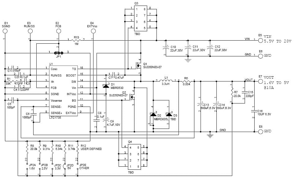 LTC1735CS Demo Board, 10A Synchronous Buck Regulator, Vin = 5.5V to 28V, Vout = 1.6V to 5V (thru-hole caps)