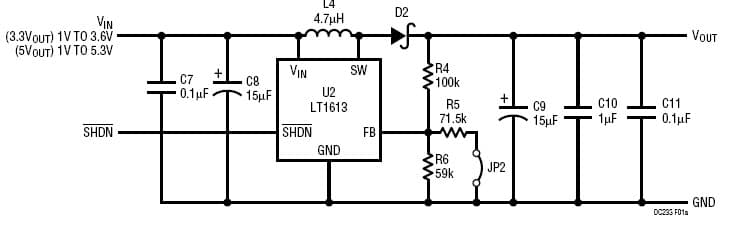 LT1613CS5 Demo Board, 1.4MHz, SOT-23 Boost DC-DC Converter