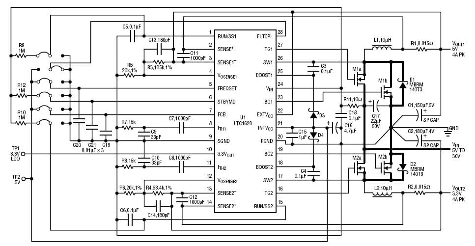 LTC1628CG Demo Board, High Efficiency, Multi-Phase 2-Output, Current Mode Controller, 5-30Vin, 5V/4A and 3.3V/4A Output