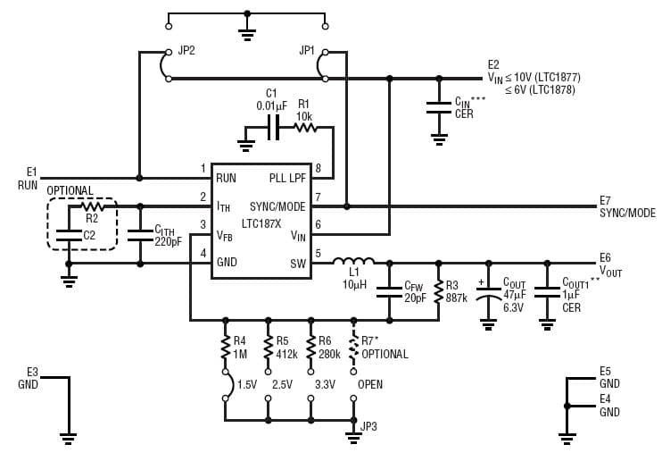 LTC1877EMS8 Demo Board, High Efficiency Monolithic Synchronous Step-Down Regulator, 2.65V to 10V Input, 1.5V to 3.3Vout @ 600mA