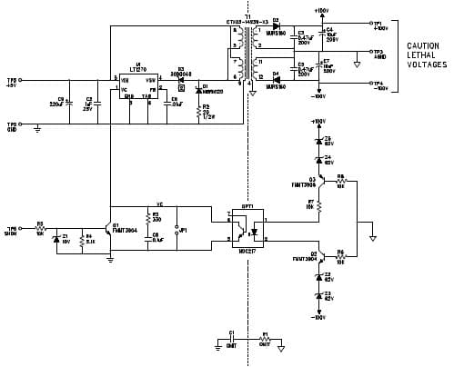 LT1270CT Demo Board, Ring Tone Power Supply with shut-down, +5Vin to Isolated +100V/-100Vout