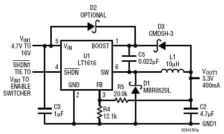 LT1616ES6 Demo Board, 1.4MHz Step-Down Switching Regulator in SOT-23