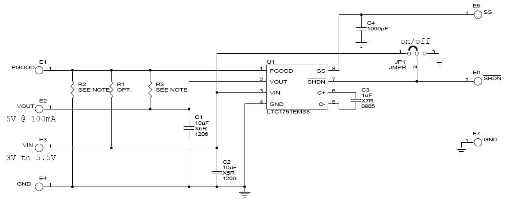 DC323A-C, Demo Board for LTC1751EMS8 Regulated Charge Pump DC/DC Converter @ 2.5V to 4.5V Input, 4Vout @ 75mA