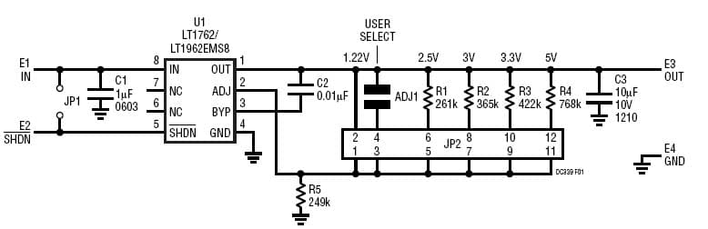 LT1962EMS8 Demo Board, Low Noise LDO Regulator, 2.3 - 20Vin, jumper selectable Vout @ 300mA, 1.22, 2.5, 3, 3.3 or 5Vout