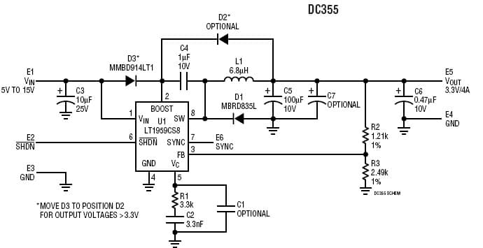 LT1959CS8 Demo Board, 4.5A Switch, 500kHz Step-Down Regulator, 5V to 15Vin, 1.8Vout @ 4A