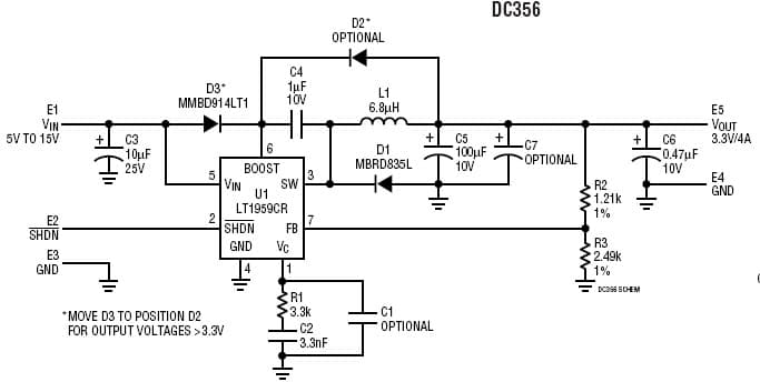 LT1959CR Demo Board, 4.5A Switch, 500kHz Step-Down Regulator, 5V to 15Vin, 1.8Vout @ 4A