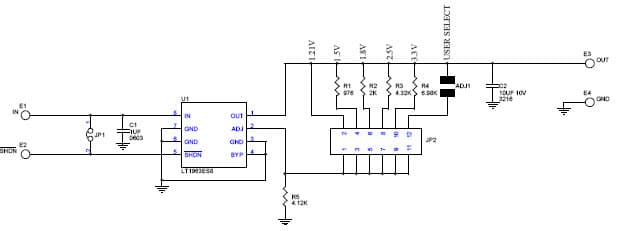 DC367A, Demo Board based on LT1963ES8 Low Noise LDO Regulator, 2.5 to 20Vin, Jumper Sel Vout, 1.5A@1.21, 1.5, 1.8, 2.5, or 3.3Vout