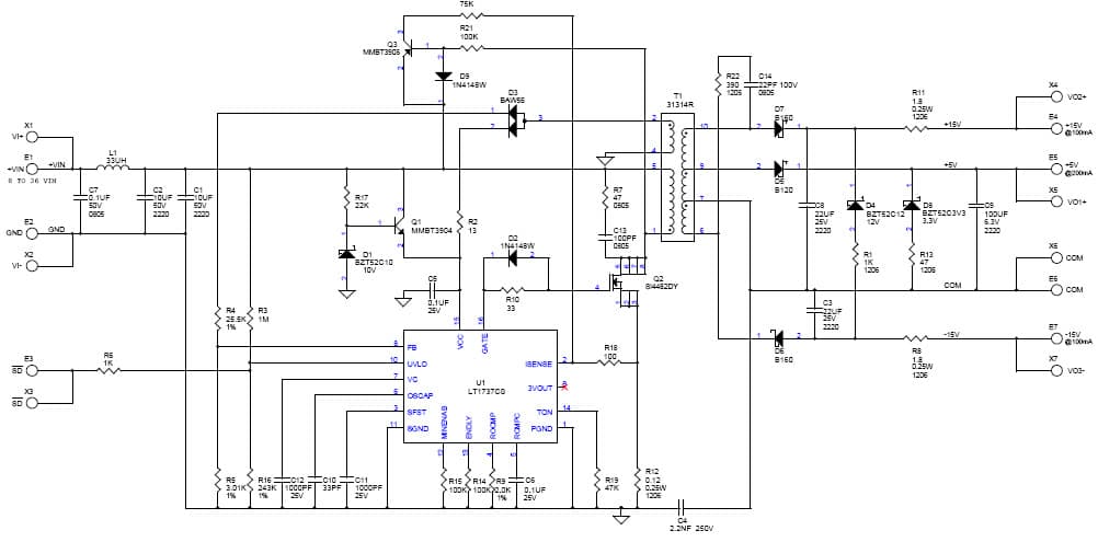 LT1737CS Demo Board, Isolated, Triple Output Power Supply, Vin=8V to 36V, Vout=+15V @ 100mA, -15V @ 100mA, +5V @ 200mA