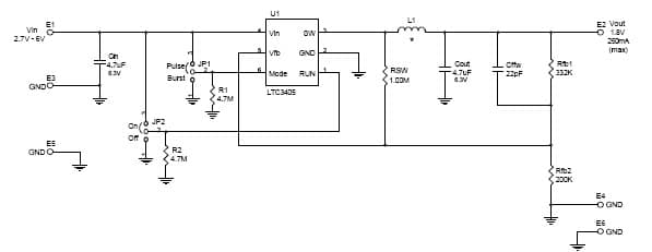 DC422A-B, Demo Board based on LTC3405ES6 High Efficiency, SOT-23 Synchronous Buck Regulator (smallest solution footprint/inductor), 2.7 to 6Vin, 1.8Vout @ 300mA