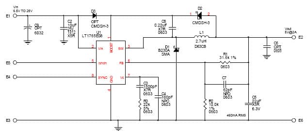 DC436A, Demo Board based on LT1765ES8 Wide Input Range, 1.25MHz Step-Down DC/DC Converter, 8.5V to 25Vin, 5Vout @ 2A