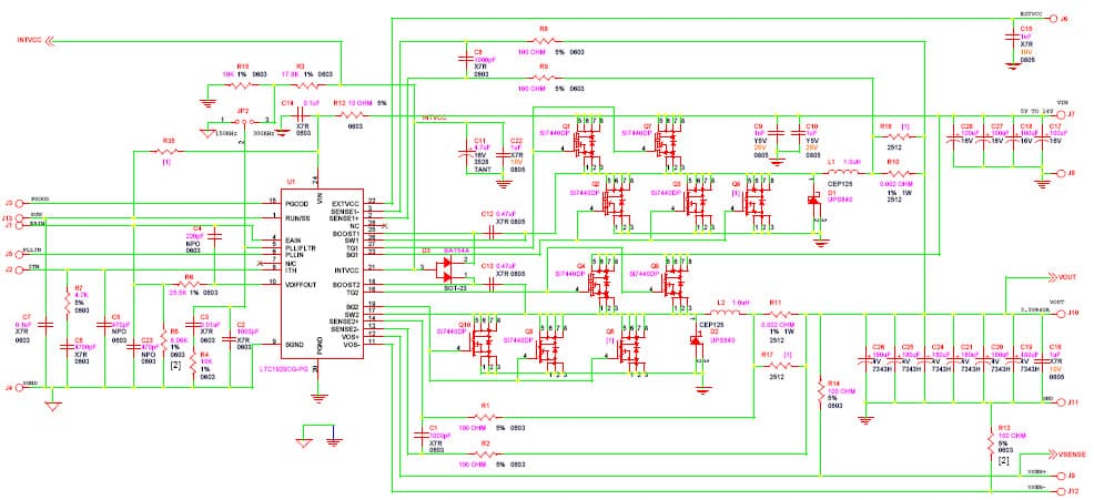 LTC1929CG-PG Demo Board, Dual Phase, Step-Down Supply w/Hot-Swappable Load Share Module, 5V to 14V Input, 3.3Vout @ 40A