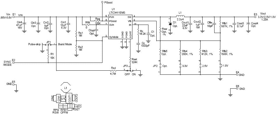 LTC3411EMS Demo Board, High Efficiency Monolithic Synchronous 1MHz Step-Down Regulator, 2.65V to 5.5V Input, 1.8V/2.5V/3.3Vout @ 1.25A