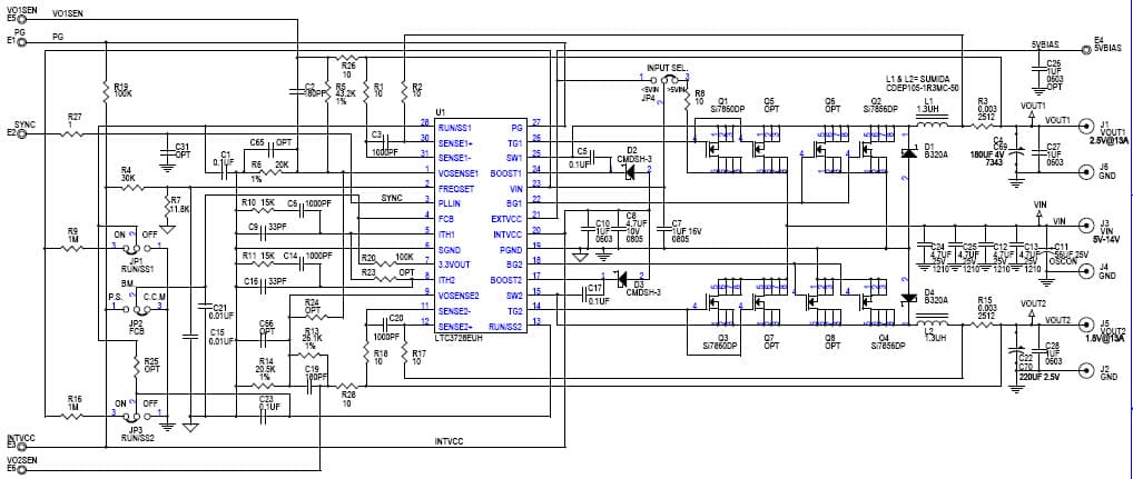 DC447A, LTC3728EUH Demo Board, 2-Phase Dual Output Power Supply, Vin = 5V - 14V, Vout1 = 2.5V @ 13A, Vout2 = 1.8V @ 13A