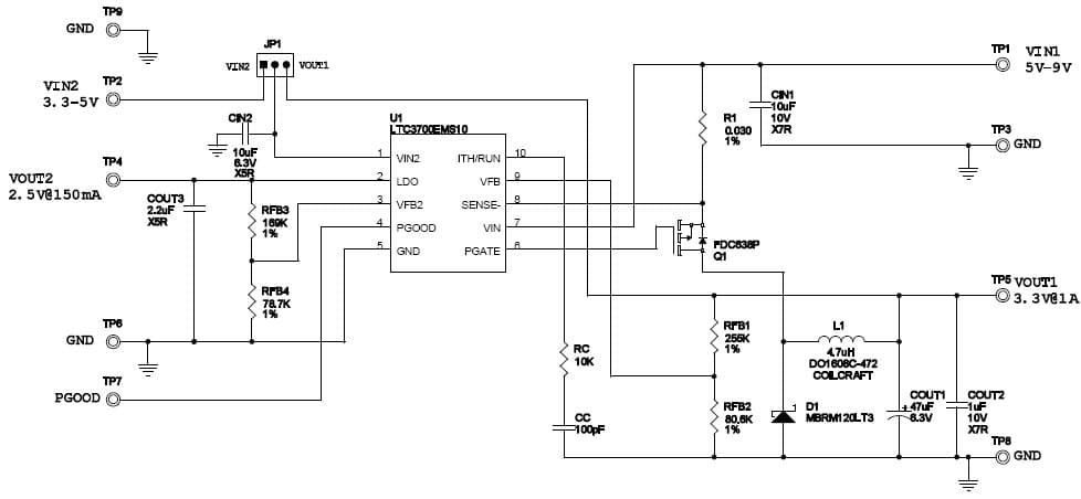 LTC3700EMS Demo Board, Step-Down Regulator With LDO, 5 - 9Vin1, 3.3Vout1 @ 1A, Jumper Sel. 3.3 - 5Vin2, 2.5Vout2 @ 150mA