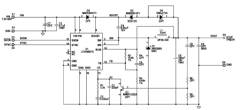 LT3430EFE Demo Board, 2A, 200kHz High Voltage Buck Converter, Vin = 7.5V - 60V, Vout = 5V @ 2A