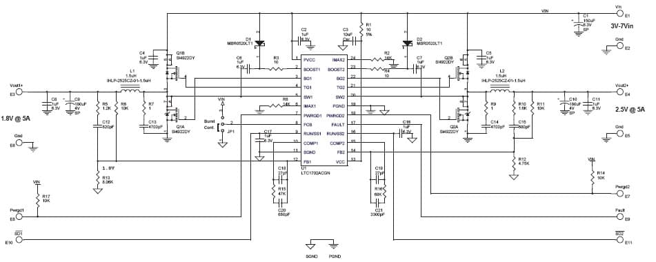 DC473A, Demo Board based on LTC1702ACGN High Efficiency Dual Output Power Supply, 3V to 7Vin, 1.8Vout @ 5A and 2.5Vout @ 5A